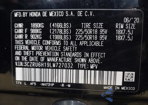 2020 Honda Hr-V Awd Sport from USA, damaged, VIN 3CZRU6H19LM727032